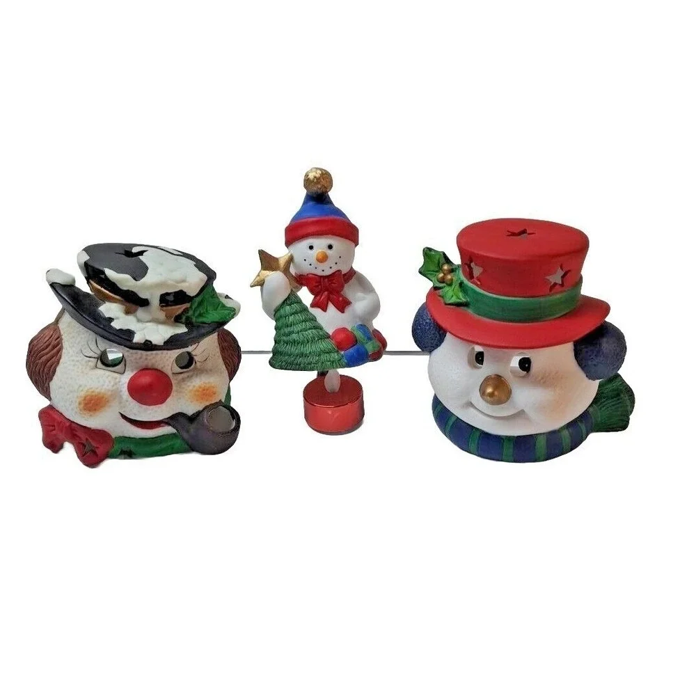 Snowman Head Tea Light Candle Holders Set of 2 w/Snowman Night Light Seasonal